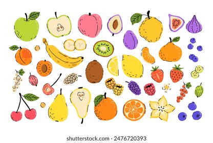 Set with hand drawn fruit doodles. Flat tropical set of banana, apple, pear, peach, strawberry, lemon, cherry, fig, quince, starfruit and some berries. Mulberry, raspberry, strawberry