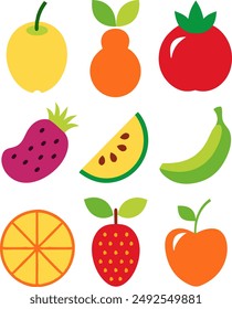 Set with hand drawn fruit doodles. Flat tropical set of  banana, apple, pear, peach, strawberry, lemon, cherry, fig, pomegranate and some berries. Vector illustration. 