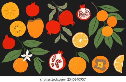 Set with hand drawn fruit doodles. Flat tropical set. Vector illustration.
