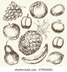 Set of hand drawn fruit. Vintage charcoal grungy sketch. Apple, plum, kiwi, pineapple, banana, lemon, pomegranate, pear, orange, apricot  for juice menu or fruit background
