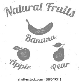 Set of hand drawn fruit. Vintage sketch style vector illustration. Scratched illustrations of banana, apple and pear on noisy white background.