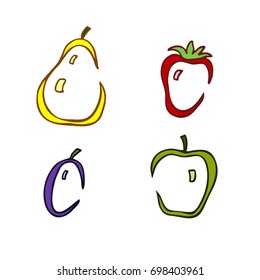 Set of hand drawn fruits. Apple, strawberry, plum, pear. Simple logo design / Vector illustration