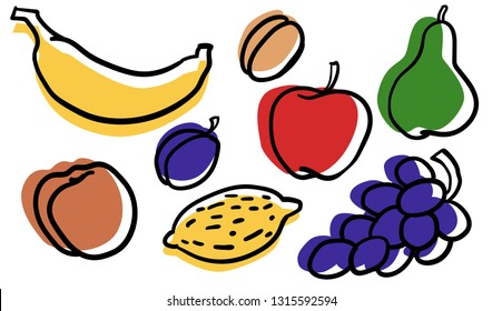 Set of hand drawn fruits: banana, apple, plum, apricot, pear, peach, grapes, lemon. Outline with color in silk printing style. Cartoon linear doodle isolated on white background.