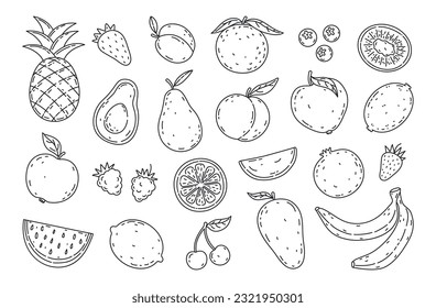 Set hand drawn fruits and berries icons set. Natural tropical fruits. Decorative collection in doodle style farm product restaurant menu, market label, organic, vegan food.