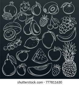 Set hand drawn fruits and berries icons set. Collection farm product in decorative retro sketch style for restaurant menu, market label. Mango, blueberry, pineapple, mandarin and etc.