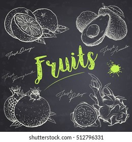 Set of hand drawn fruits on the chalkboard. Fruits sketch. Fresh organic exotic fruits. Vector illustration.