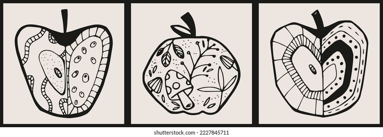 Set of hand drawn fruits with patterns. Summer, autumn harvest. Minimalistic abstract backgrounds with apple. Organic natural illustrations. Vintage abstract posters.