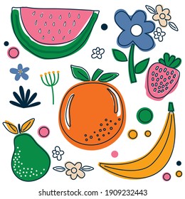 Set of hand drawn fruits shapes and doodle objects. Abstract contemporary modern trendy vector illustration.