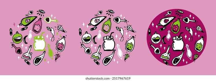 Un conjunto de materiales de Imagen de fondo de Vector de tema de halloween divertido dibujado a mano. Hay una alegre poción mágica de Halloween, pote de medicina, luna colgante de cristal y ojo por encima