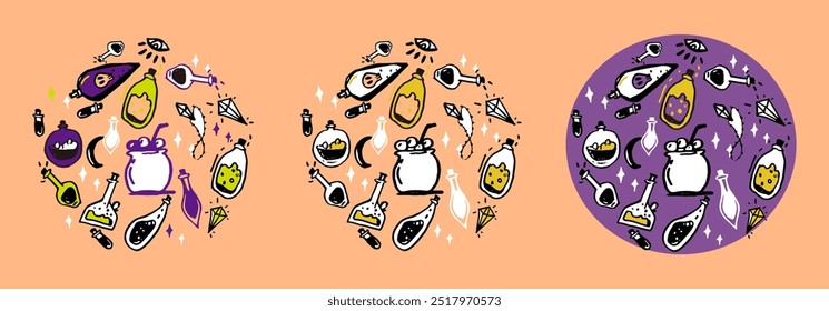 Un conjunto de materiales de Imagen de fondo de Vector de tema de halloween divertido dibujado a mano. Hay una alegre poción mágica de Halloween, pote de medicina, luna colgante de cristal y ojo por encima
