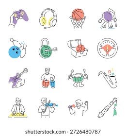 Conjunto de ilustrações de diversão e recreação desenhadas à mão 

