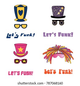 Set of hand drawn funky hats and glasses, with text Lets funk. Isolated objects on white background. Vector illustration. Design concept for children, music.