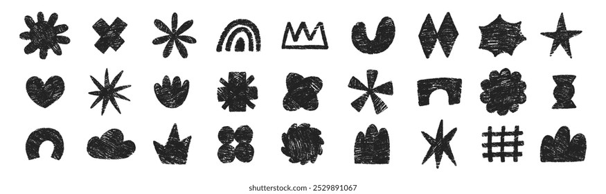 Set of hand drawn funky shapes of heart, flower, star, cloud with crayon or chalk texture. Doodle design elements for school. Childish vector illustration.