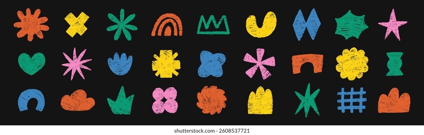 Set of hand drawn funky shapes of heart, flower, star, cloud with crayon or chalk texture. Multicolor Doodle design elements for school. Childish vector illustration on a black background.
