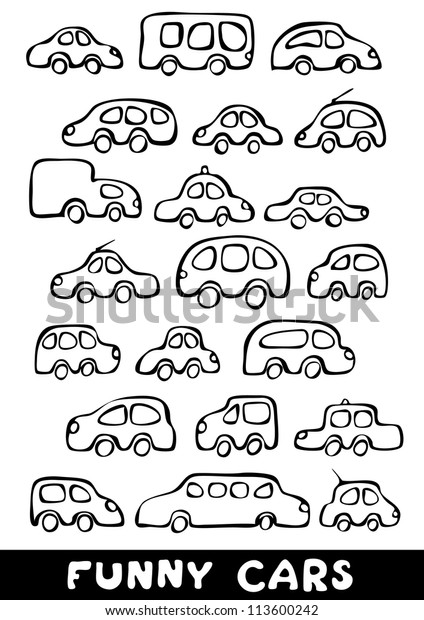Set of hand\
drawn funny cars in black and\
white