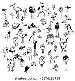 Set of hand drawn funny cartoon birds