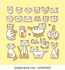Set of hand drawn funny cats on yellow background. Vector illustration.