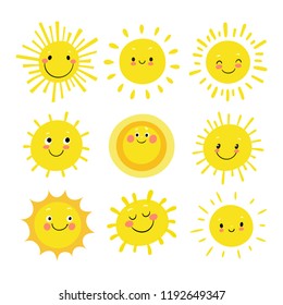 Set of hand drawn funny cute sun icon illustration - Shutterstock ID 1192649347