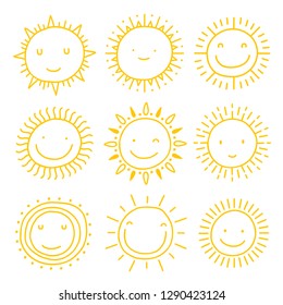 Set of hand drawn funny cute sun icon illustrations