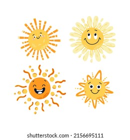 Juego de dibujos a mano graciosa linda ilustración de icono solar. Colección amarilla infantil feliz y soleada. Juego de soles vectoriales que huelen