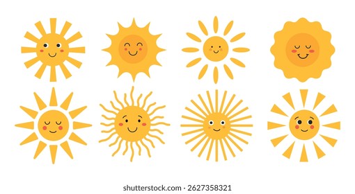 Set of hand drawn funny cute sun. Happy smiling sun. Sunshine emoji. Vector illustration.