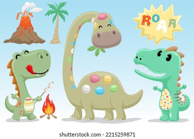 Set of hand drawn funny dinosaurs with prehistoric elements