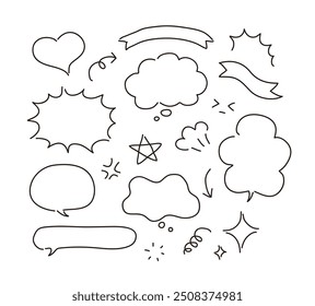 Set of hand drawn funny doodle cartoon illustrations. Speech bubble, heart, star, arrow, ribbon, expression, effect.