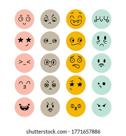 Set of hand drawn funny faces. Emoji icons. Sketched facial expressions set. Collection of cartoon emotional characters. Happy kawaii style. Vector illustration