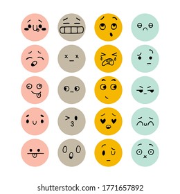 Set of hand drawn funny faces. Sketched facial expressions set. Happy kawaii style. Emoji icons. Collection of cartoon emotional characters. Vector illustration