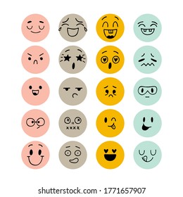 Set of hand drawn funny faces. Sketched facial expressions set. Happy kawaii style. Collection of cartoon emotional characters. Emoji icons. Vector illustration