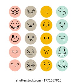 Set of hand drawn funny faces. Sketched facial expressions set. Emoji icons. Collection of cartoon emotional characters. Happy kawaii style. Vector illustration