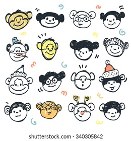Set of hand drawn funny faces cute monkey. 