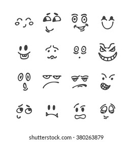 Set of hand drawn funny faces. Happy faces. Sketched facial expressions set. Different emotions. Smile icons. Vector illustration