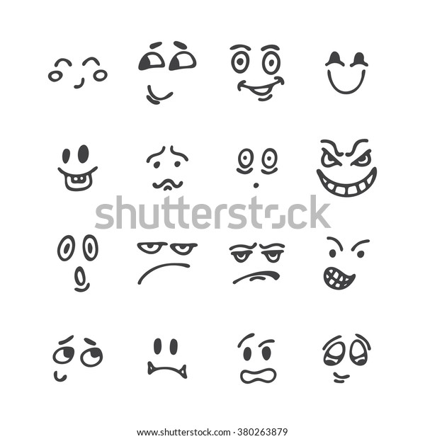 手描きの面白い顔のセット 幸せな顔 スケッチした表情セット 感情が違う 笑顔のアイコン ベクターイラスト のベクター画像素材 ロイヤリティフリー