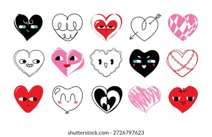Set von Hand gezeichnet lustige Herzensgesichter. Vektorgrafik
