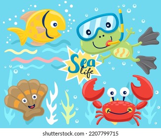 Juego de dibujos a mano divertido animales marinos dibujos animados con rana linda usando gafas de buceo