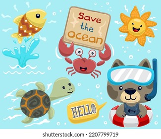 Set of hand drawn funny marine animals cartoon with cute cat wearing diving goggles on lifebuoy