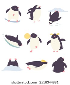 Set of hand drawn funny penguins. Cute arctic bird drawing isolated on white background