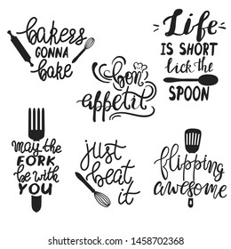 Set of hand drawn funny sayings for kitchen or restaurant poster, card or other typography