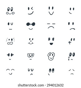 Set of hand drawn funny smiley faces. Sketched facial expressions set. Vector illustration