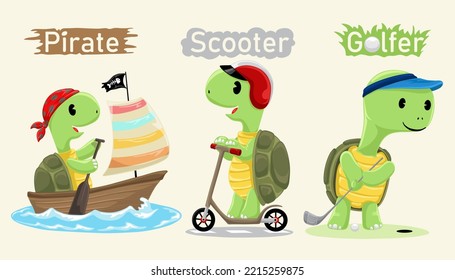 Set of hand drawn funny turtles in different activity