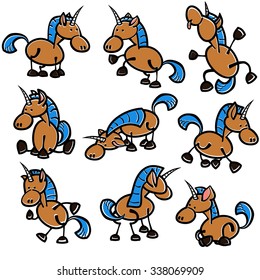 Set of hand drawn funny unicorns in different poses with negligent painting. Vector illustration.