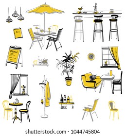 Set of hand drawn furniture and interior detail cafe, sketch, isolated objects
