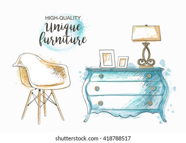 Set Of Hand Drawn Furniture And Interior Detail