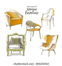 Set of hand drawn furniture and interior detail chairs vector sketch store, apartment, promotion, sale, ads