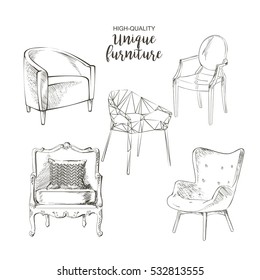 Set of hand drawn furniture and interior detail chairs vector sketch doodles, store, apartment, promotion, sale, ads