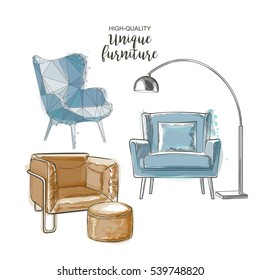 Set of hand drawn furniture and interior detail chairs vector sketch doodles, store, apartment, promotion, sale, ads