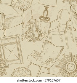 Set of hand drawn furniture and interior detail store, apartment, promotion, sale. Background seamless pattern hand-drawn vector illustration