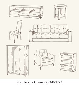 Set of hand drawn furniture: sofa, table, chair, wardrobe, commode, shelf for TV, armchair