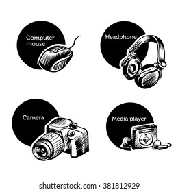 Set of hand drawn gadgets icons with notebook, phone, game pad, photo camera, tablet, pc, headphones, watches, computer, laptop, monitor, headphones, loudspeaker, smartphone, and other